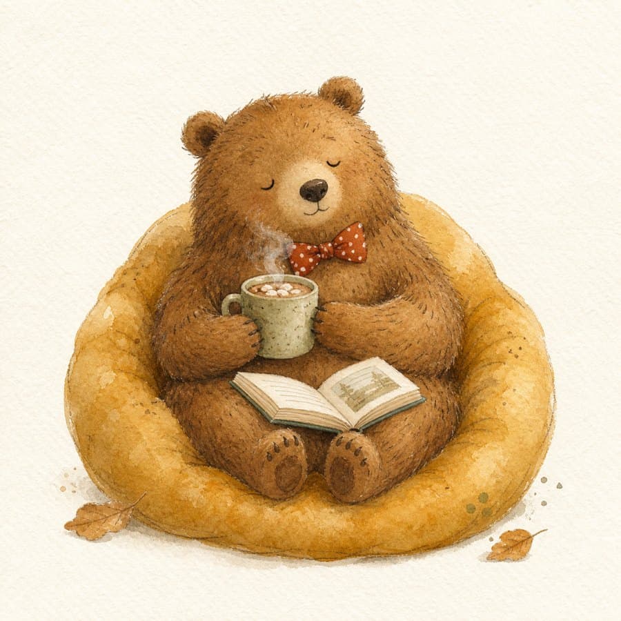 A watercolor bear reading in a cushion with a mug of cocoa
