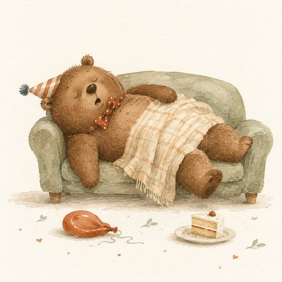 The bear asleep on a sofa the morning after a party